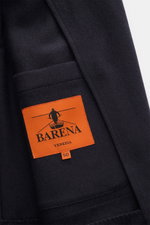 Close-up front perspective of Barena Venezia Cashmere Blazer Navy showing pure cashmere fabric, very soft feel, slim fit, straight-cut two-button style, notched lapel, classic breast pocket, patch hip pockets, kissing buttons, back side vents, unconstruct