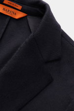 Close-up front angle of Barena Venezia Cashmere Blazer Navy collar, pure cashmere, very soft feel, slim fit, straight-cut two-button style, notched lapel, classic breast pocket, patch hip pockets, kissing buttons, back side vents, unconstructed design, tw