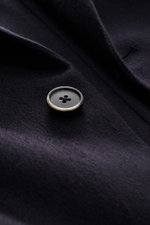 Close-up front view of Barena Venezia Cashmere Blazer Navy showcasing pure cashmere, very soft feel, slim fit, straight-cut two-button style, notched lapel, classic breast pocket, patch hip pockets, Kissing buttons, back side vents, unconstructed design, 