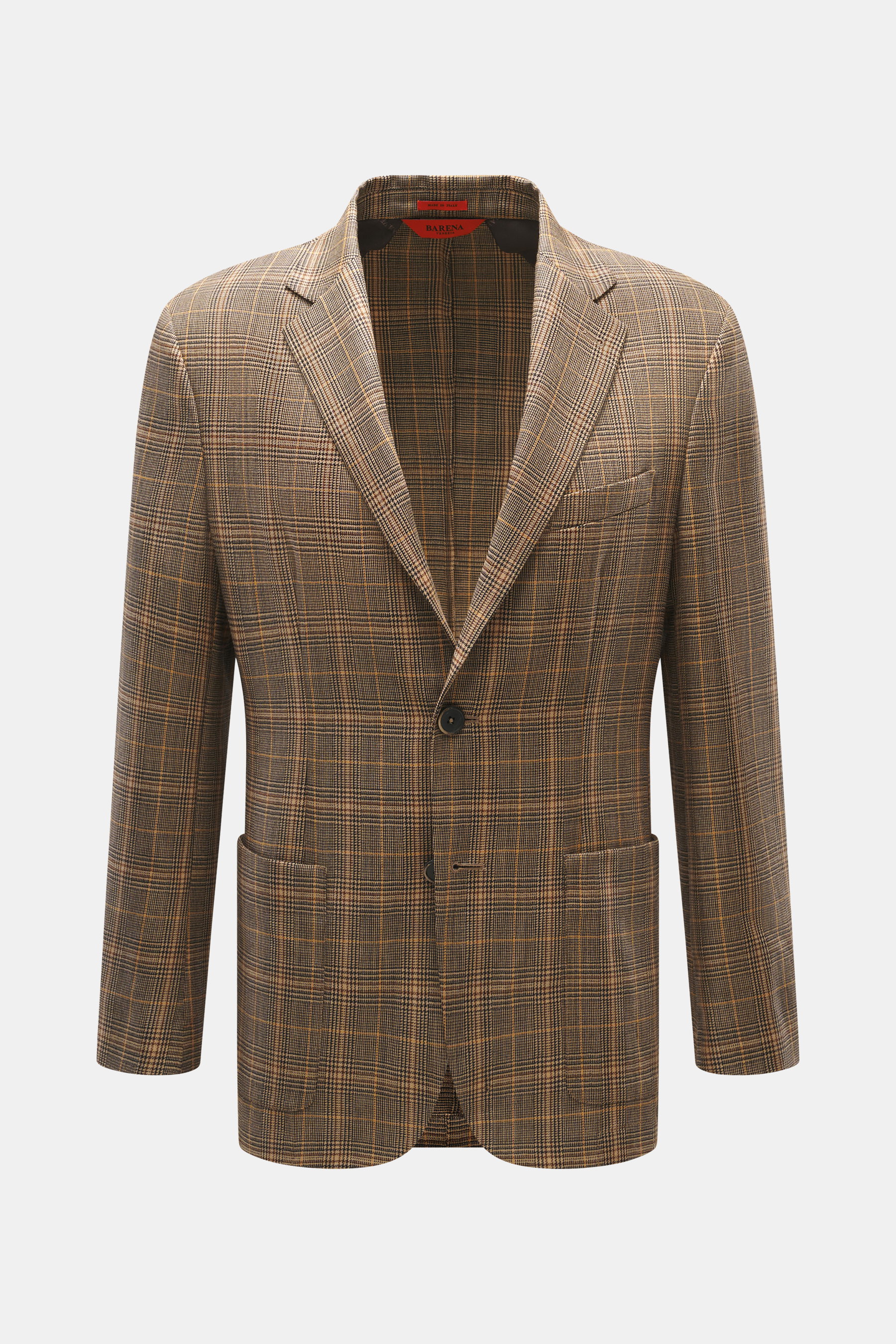 Front view of Barena Venezia Light brown/black checked blazer in pure new wool with soft touch, noble Prince-of-Wales pattern, Slim Fit, tailored two-button style, notched lapel, classic breast pocket, patch hip pockets, Kissing buttons, rear side vents, 