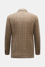 Barena Venezia Light brown/black checked blazer photographed from the back, pure new wool, soft touch, noble Prince-of-Wales pattern, Slim Fit, tailored two-button style, notched lapel, classic breast pocket, patch hip pockets, Kissing buttons, rear side 