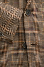 Barena Venezia Light brown/black checked blazer close-up from the front, showing pure new wool, soft touch, noble Prince-of-Wales pattern, Slim Fit, tailored two-button style, notched lapel, classic breast pocket, patch hip pockets, Kissing buttons, rear 