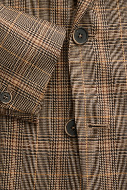 Barena Venezia Light brown/black checked blazer close-up from the front, showing pure new wool, soft touch, noble Prince-of-Wales pattern, Slim Fit, tailored two-button style, notched lapel, classic breast pocket, patch hip pockets, Kissing buttons, rear 