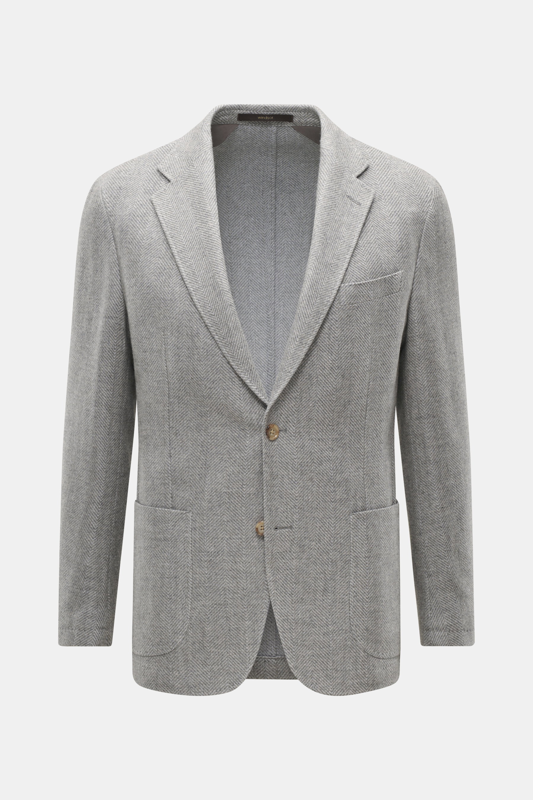 Windsor Sakko 'Giro' hellgrau gemustert, Frontansicht, Slim Fit, Fischgrat, Baumwolle, Wolle, Cashmere, Zwei-Knopf-Stil, Brusttasche, Hüfttaschen.