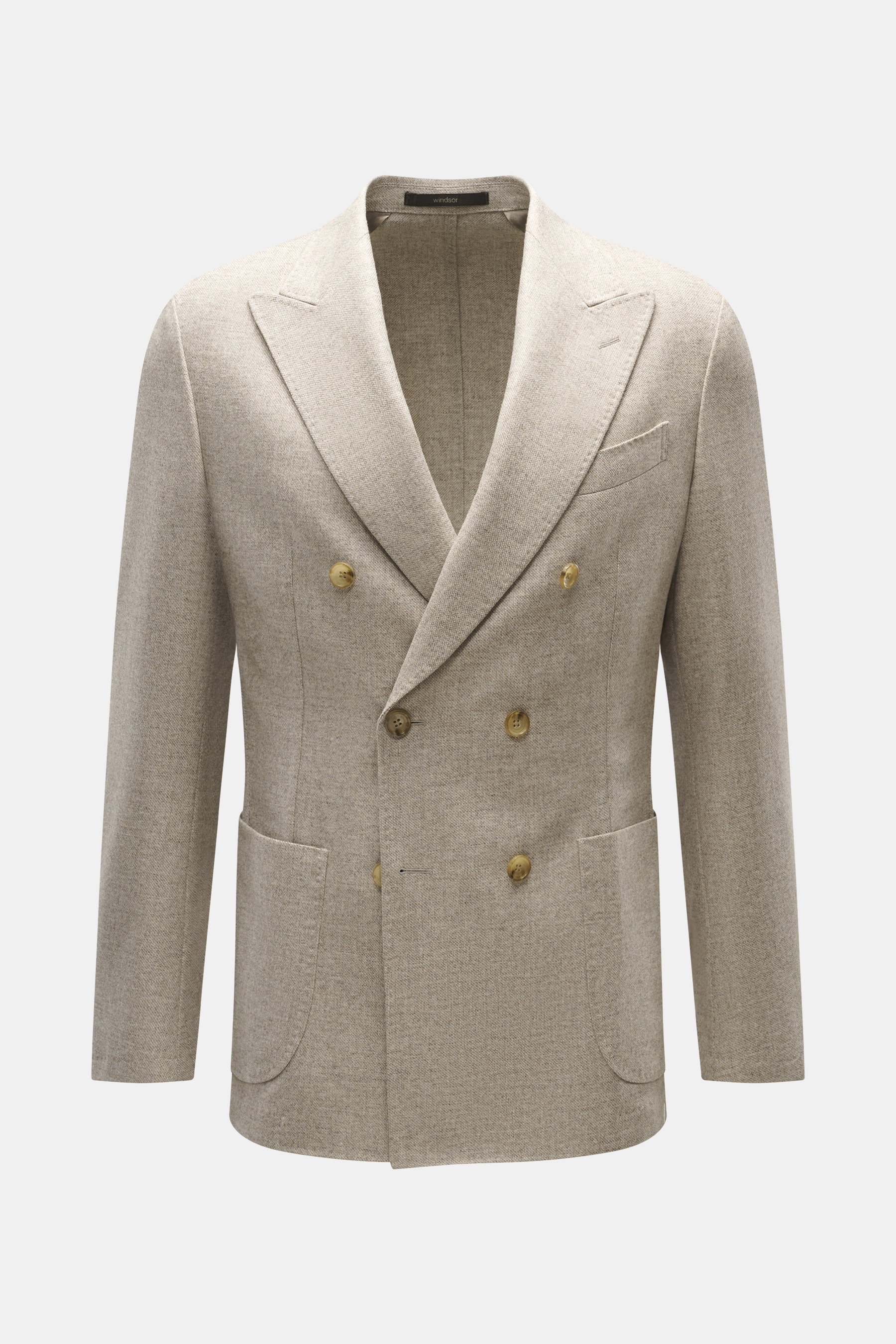 Front view of Windsor Sakko 'Salio' taupe meliert, a slim fit, soft wool double-breasted blazer with peak lapels and patch pockets.

Description: <p>Gewohnt klassisch mit WINDSOR: Das Sakko 'Salio' im zweireihigen Drei-Knopf-Stil aus hochwertiger Wolle 