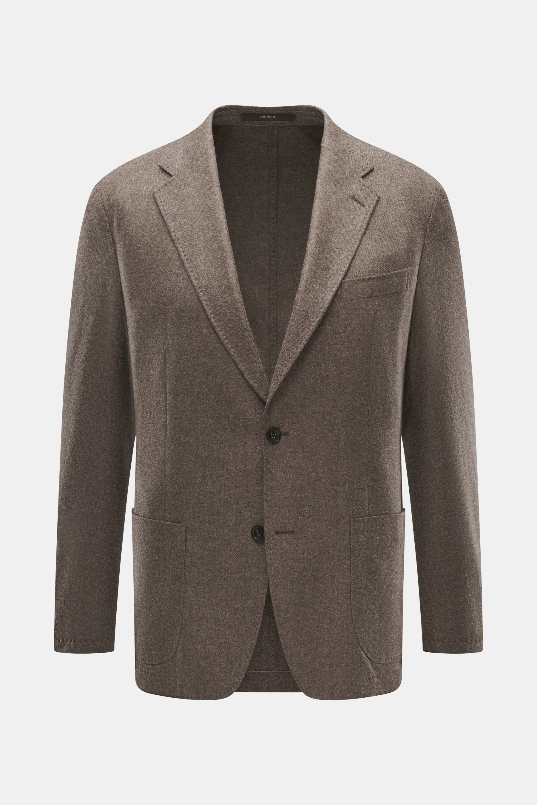 Windsor Sakko 'Giro' graubraun meliert, frontal fotografiert, Slim Fit, Mix aus Wolle, Microfaser, Cashmere, weicher Griff, feine Webstruktur, fallendes Revers, Zwei-Knopf-Stil, Brusttasche, aufgesetzte Hüfttaschen, Kissing Buttons, Seitenschlitze, Uncons