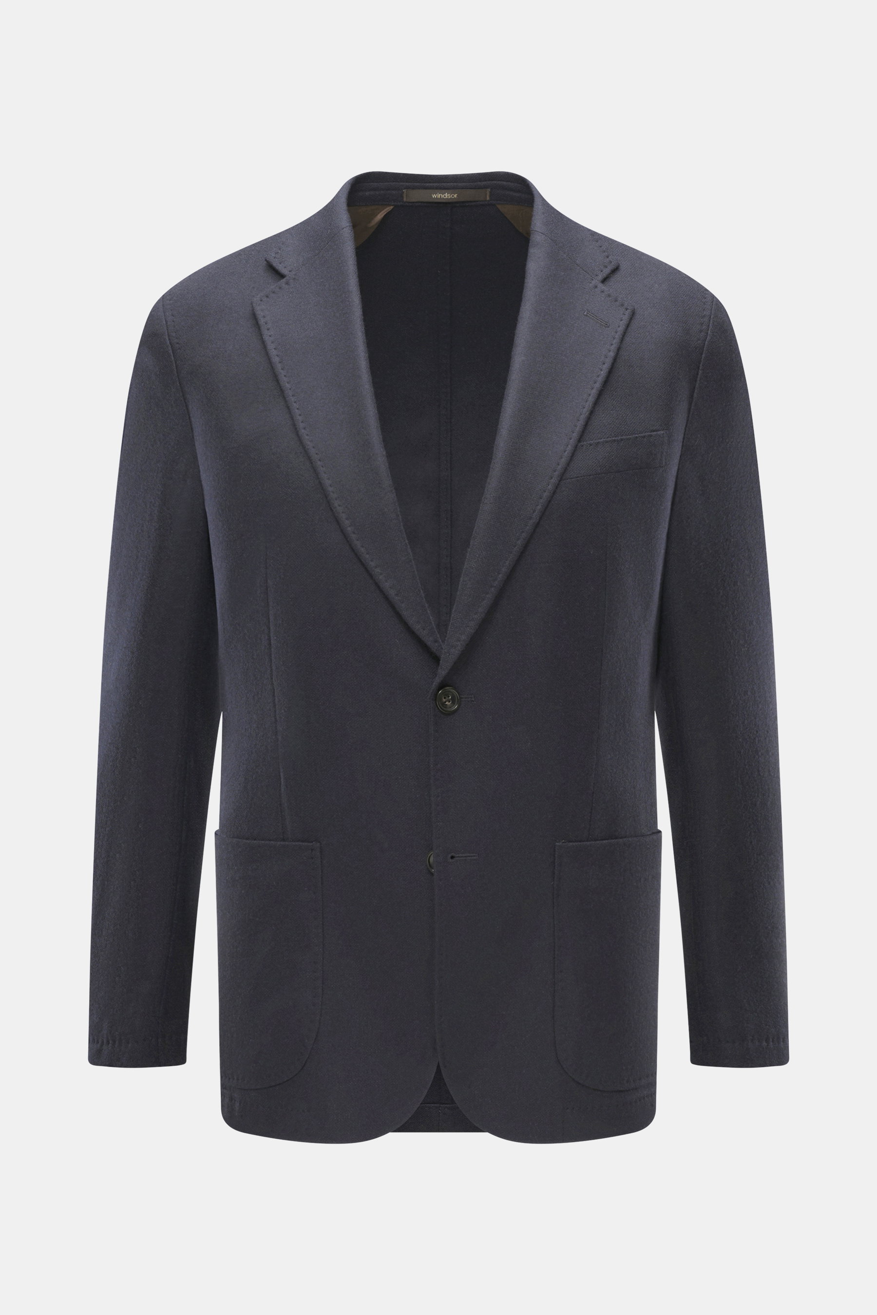 Windsor Sakko 'Giro' navy frontale Ansicht mit Slim Fit, fallendem Revers, Zwei-Knopf-Stil, Brusttasche, Hüfttaschen, Kissing Buttons, Seitenschlitzen, Unconstructed Design, drei Innentaschen, weicher Griff, feiner Webstruktur aus Wolle, Microfaser und Ca