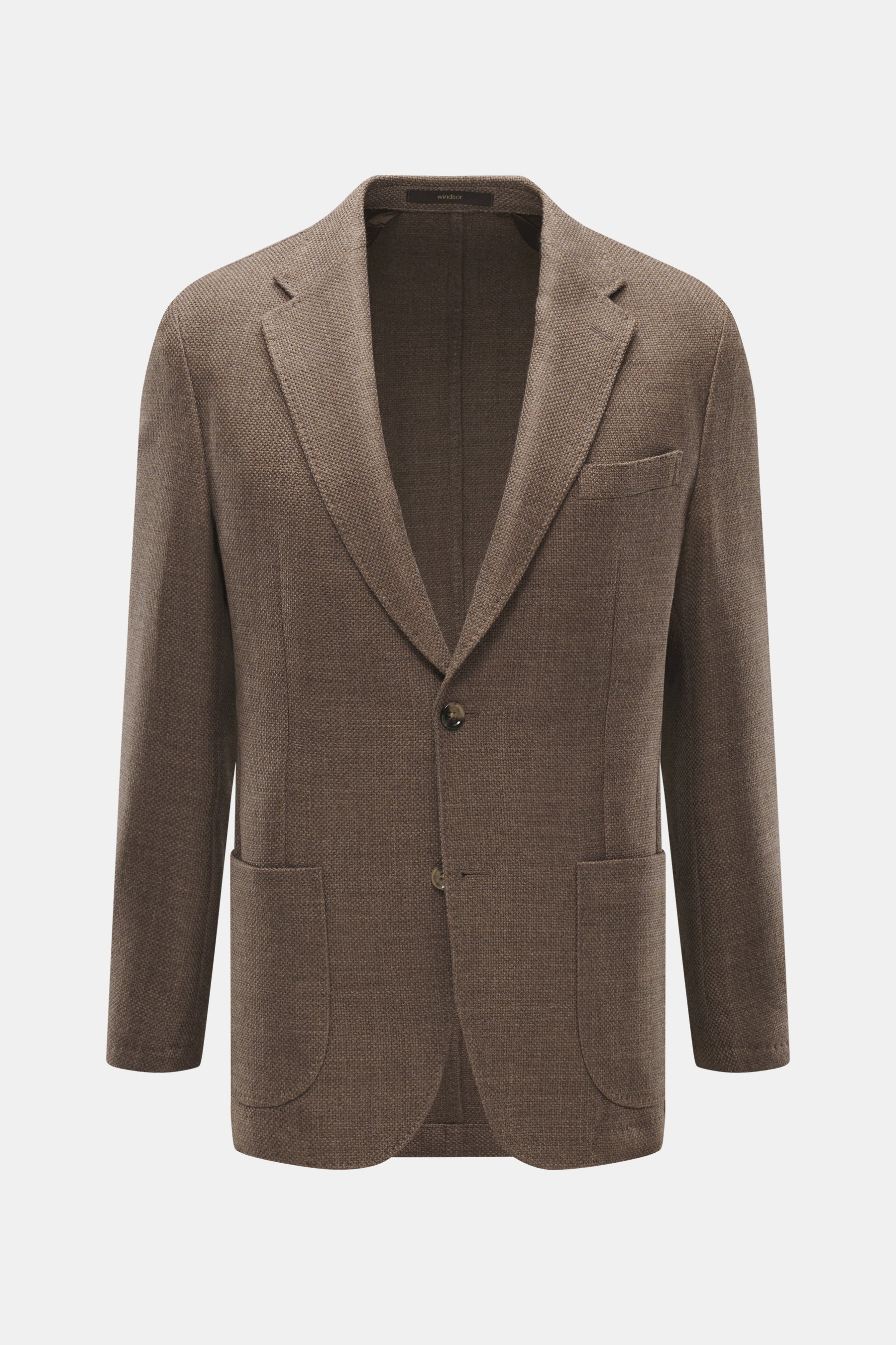 Windsor Sakko 'Giro' graubraun, frontal fotografiert, reine Schurwolle, weicher Griff, markante Webstruktur, Slim Fit, fallendes Revers, Zwei-Knopf-Stil, Brusttasche, aufgesetzte Hüfttaschen, Kissing Buttons, Seitenschlitze, Unconstructed Design, drei Inn
