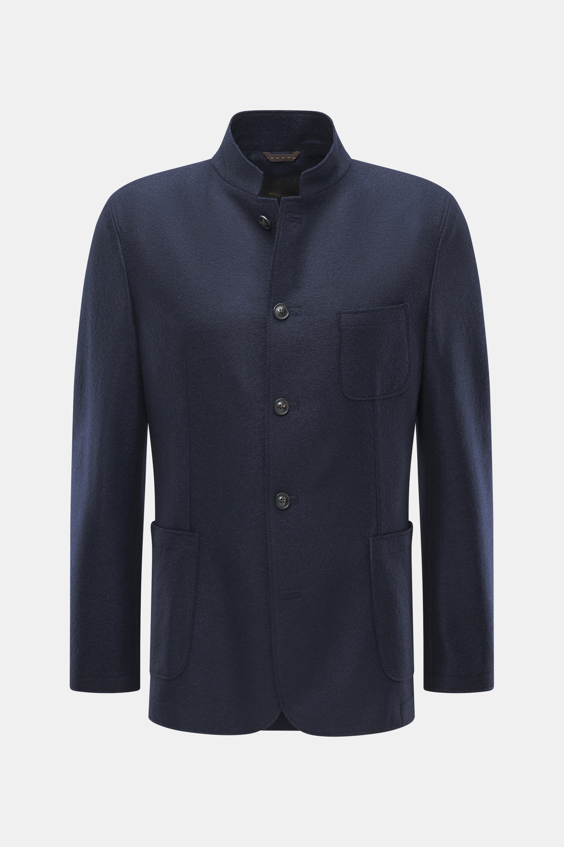 Windsor Sakko 'Tesso' navy, Slim Fit, Stehkragen, fünf Knöpfe, aufgesetzte Taschen, aus feiner Wolle, weicher Griff, Frontansicht.