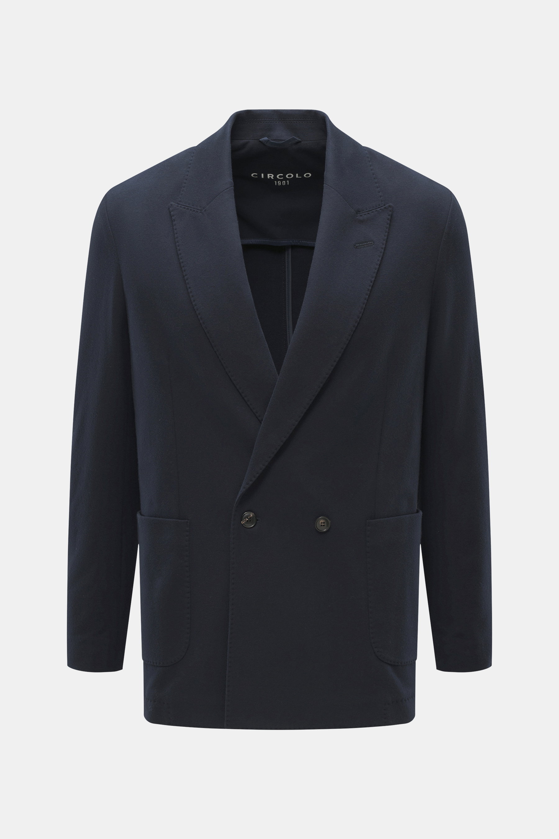 Front view of Circolo 1901 Jersey-Sakko graublau gemustert, a slim fit, taillierter Jersey jacket with soft cotton stretch fabric, two-button style, fallendes Revers, Brust- and Hüfttaschen, Ärmelknöpfe, and halb gefüttert for comfort.