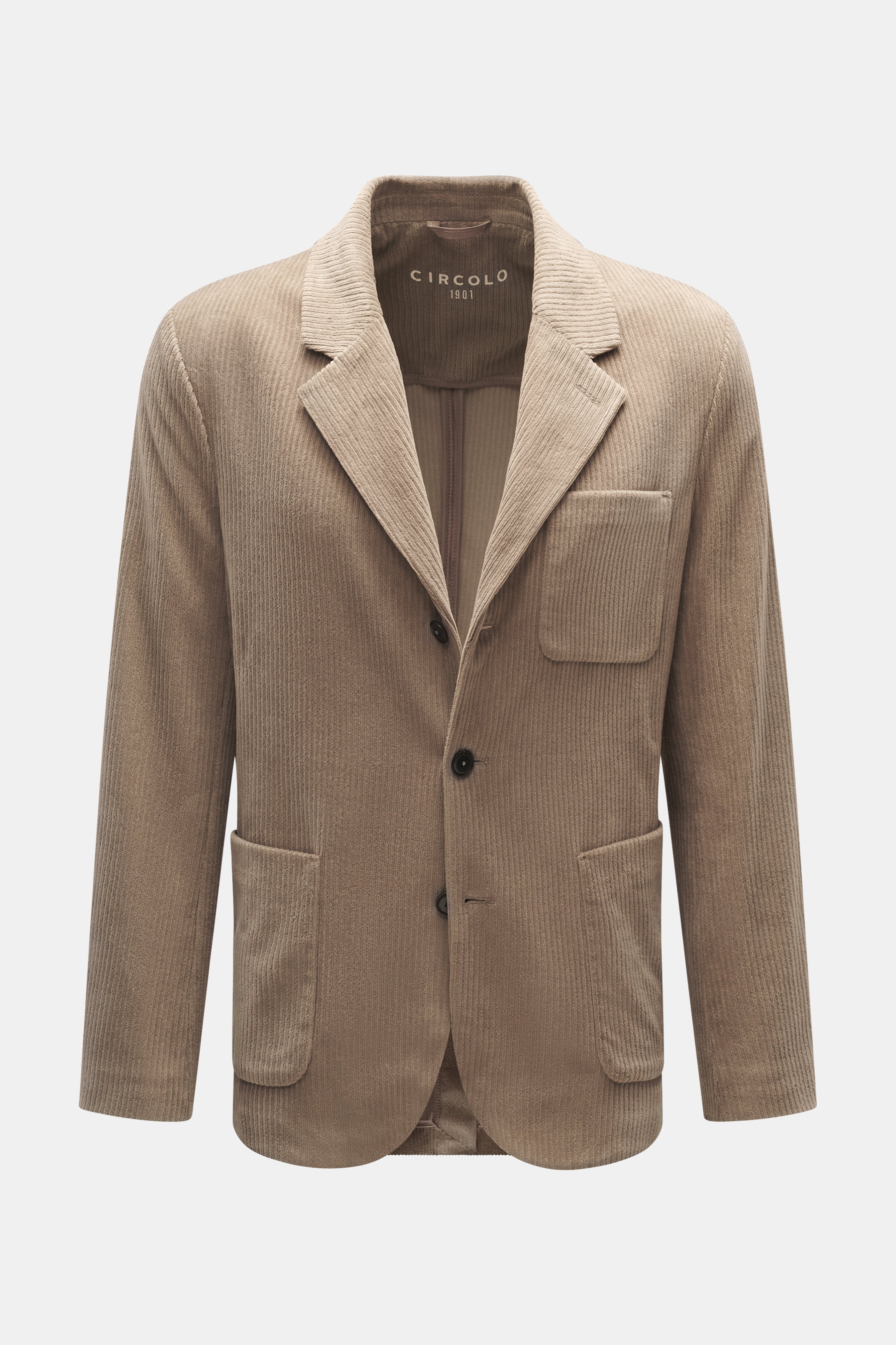 Frontale Nahaufnahme des Circolo 1901 Cordsakko taupe mit Slim Fit, samtiger Cordstruktur, tailliertem Zwei-Knopf-Stil, fallendem Revers und drei Taschen.