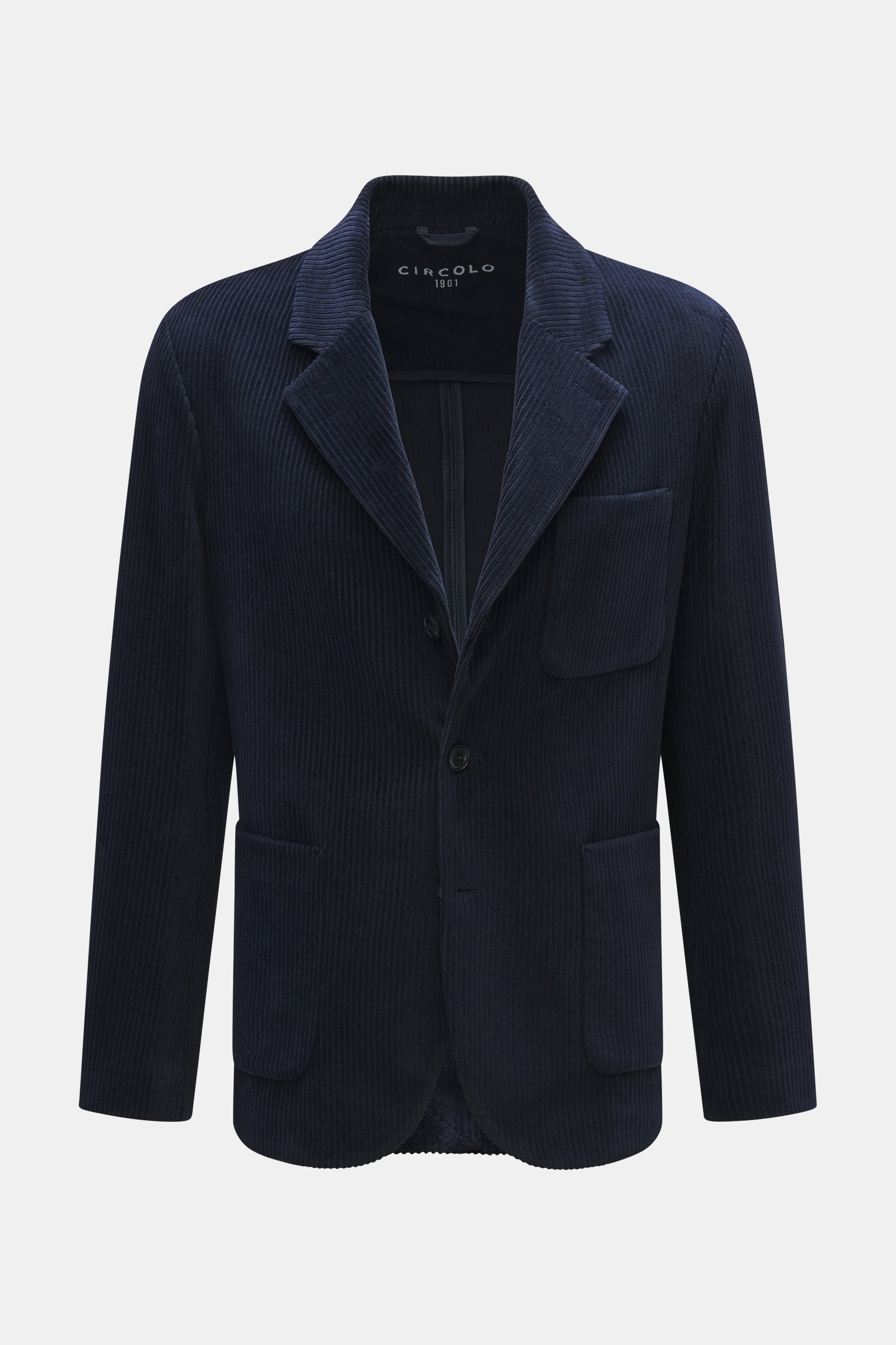 Circolo 1901 Cordsakko navy, frontale Nahaufnahme, taillierter Slim Fit in samtigem Baumwollmix mit Cordstruktur, zwei Knöpfe, Brust- und Hüfttaschen.