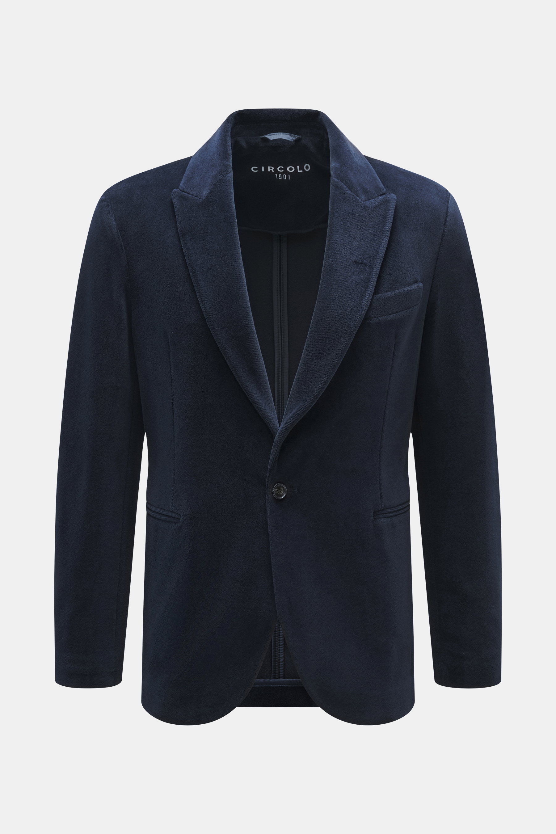 Vorderansicht des taillierten Circolo 1901 Samt-Sakko navy in Slim Fit mit weichem Baumwoll-Mikrofaser-Samt, Ein-Knopf-Stil.
