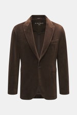Circolo 1901 Samt-Sakko braun, slim Fit, tailliert, Ein-Knopf-Stil, fallendes Revers, Brusttasche, paspelierte Hüfttaschen, Knopfärmel, halb gefüttert, frontal fotografiert.