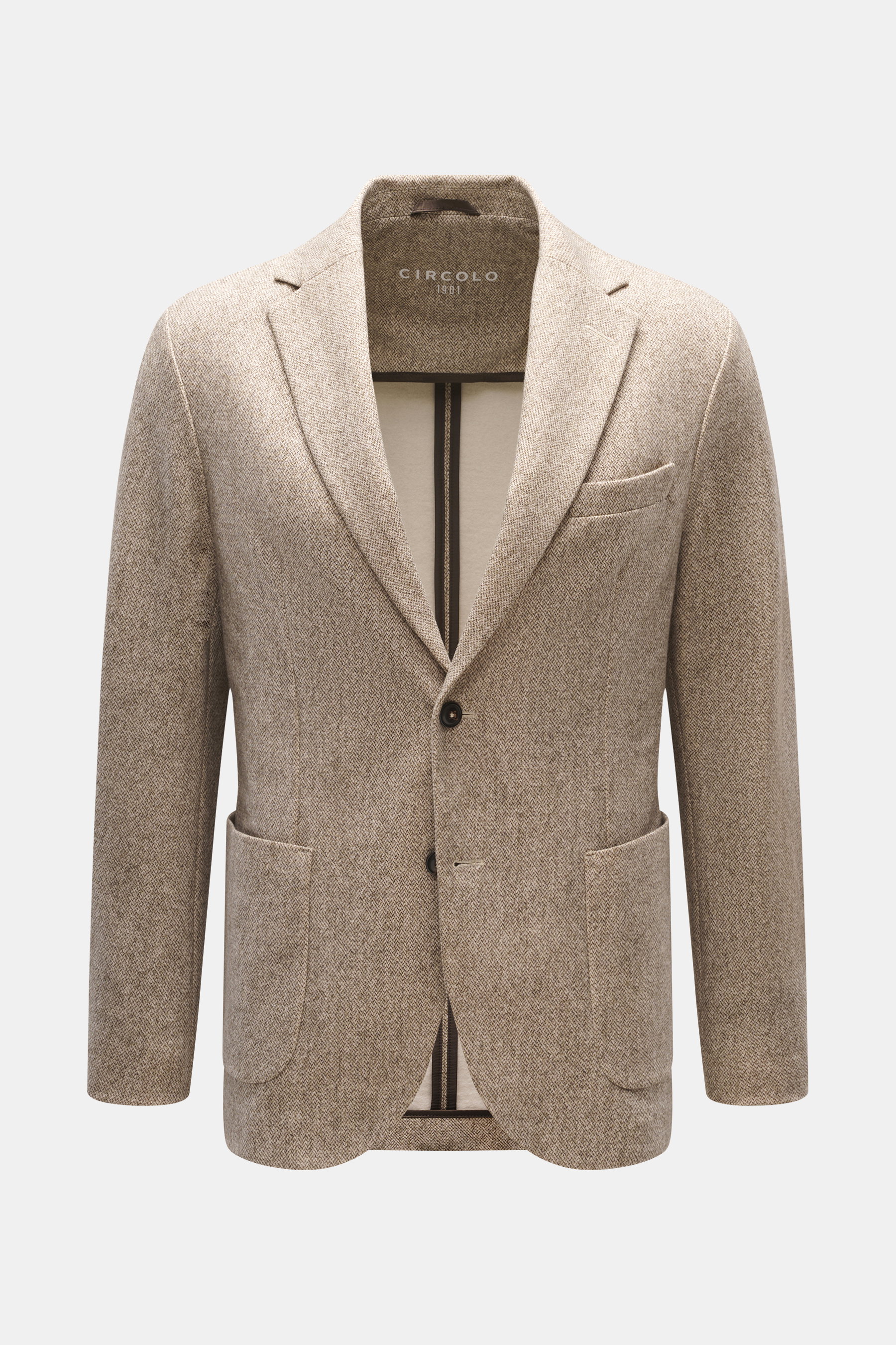 Front view of Circolo 1901 Jersey Blazer Beige Patterned, a slim fit, easy-care cotton jersey blazer with woven print, notched lapel, two buttons, breast and patch hip pockets, buttoned cuffs, rear vents, half lined, and one inside pocket, designed for co