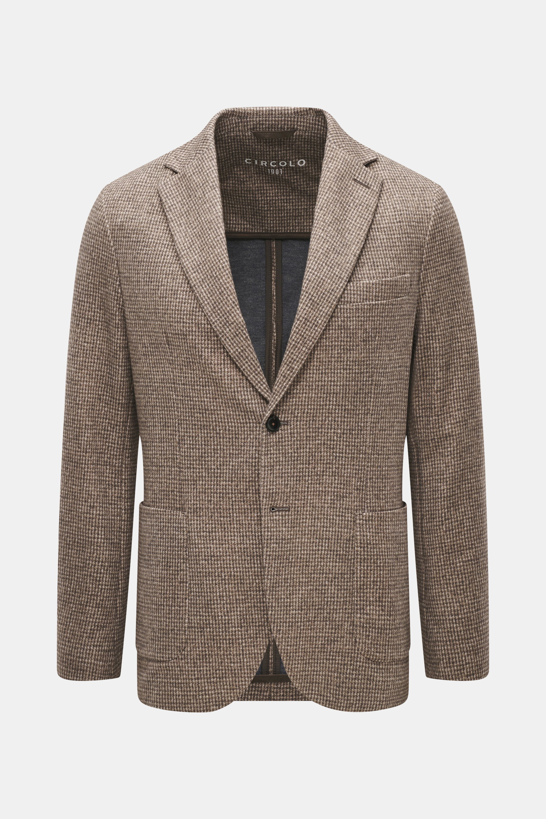 Front view of Circolo 1901 Jersey Blazer beige/gray-brown checkered, slim fit, cotton jersey with stretch, woven-look print, two-button style, notched lapel, breast pocket, patch hip pockets, buttoned sleeve cuffs, rear side vents, half lined, and one ins