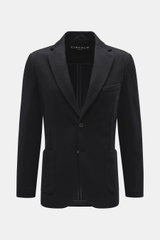 Frontale Nahaufnahme des Circolo 1901 Strickblazer dark navy mit tailliertem Slim-Fit, Prince-of-Wales Muster, fallendem Revers, Zwei-Knopf-Stil, Brusttasche, aufgesetzten Hüfttaschen und Ärmelknöpfen aus edlem Woll-Mix.