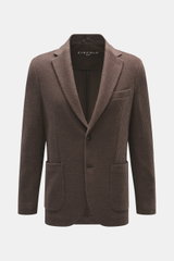 Frontal fotografierter Circolo 1901 Strickblazer dunkelbraun aus edlem Woll-Mix mit markantem Strick, Slim Fit, tailliert, fallendem Revers, Brusttasche, Hüfttaschen und Unconstructed-Design.