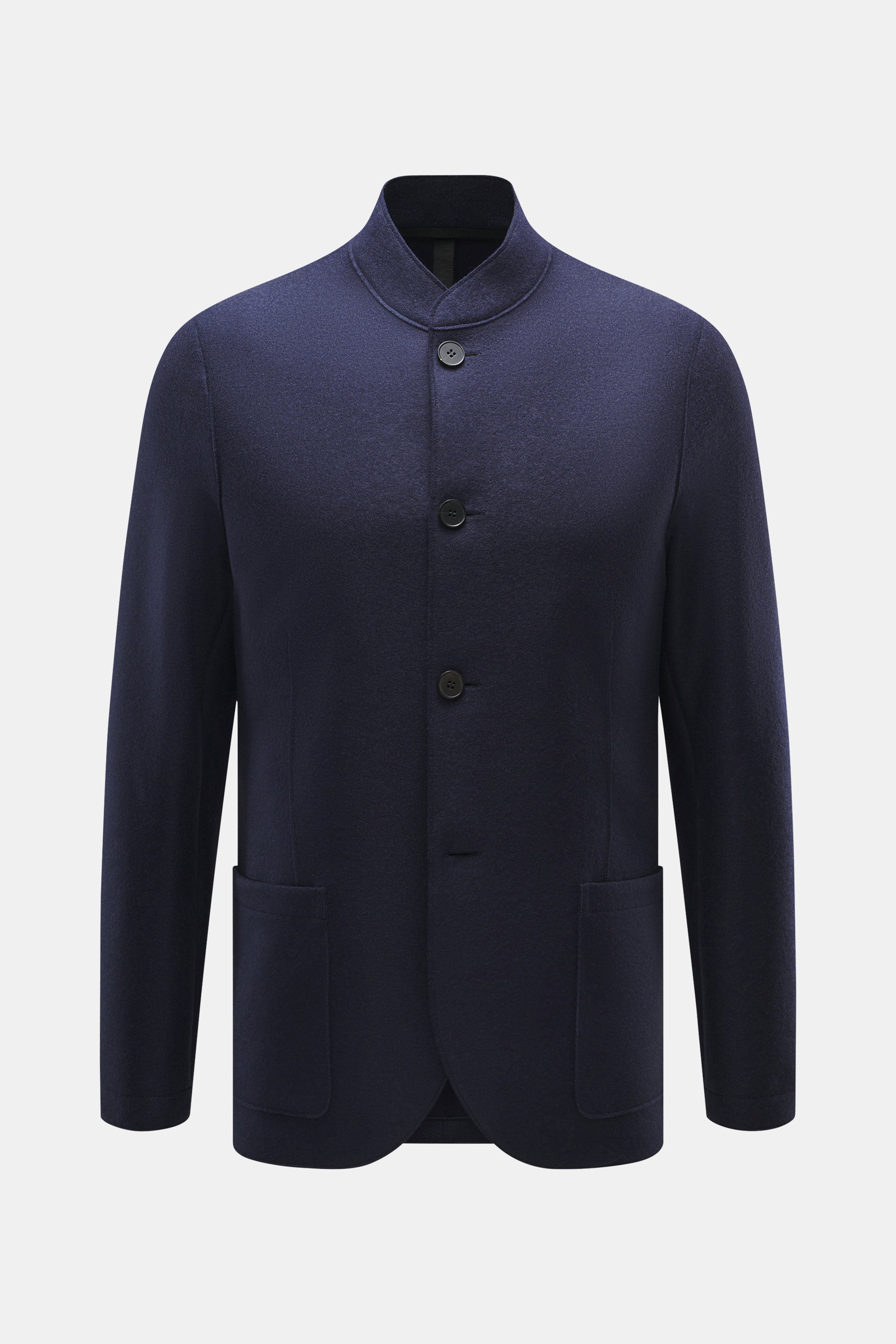 Harris Wharf London Sakko 'Nehru Jacket' navy, frontale Nahaufnahme, taillierter Slim Fit, Blousonkragen, reine Schurwolle, offenkantige Verarbeitung, Vier-Knopf-Stil, Hüft- und Innentaschen.