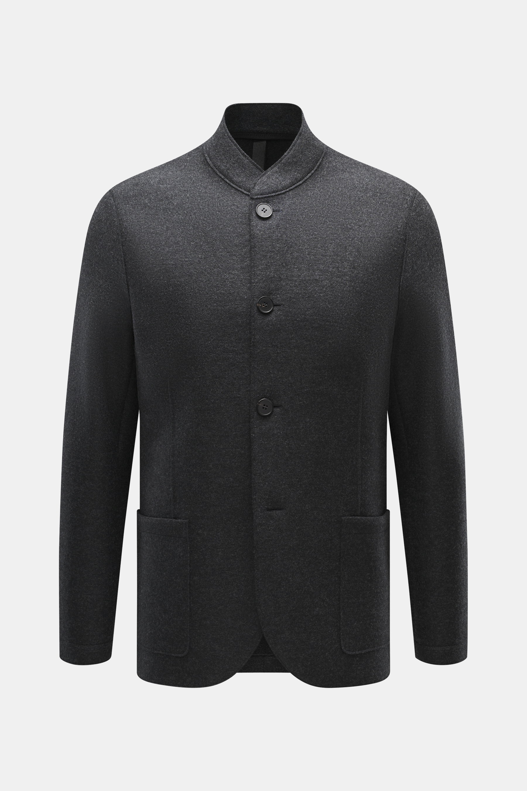 Harris Wharf London Sakko 'Nehru Jacket' anthrazit meliert, Frontansicht, Slim Fit, reine Schurwolle, Blousonkragen, offenkantig, Vier-Knopf-Stil.
