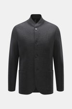 Harris Wharf London Smart-casual jacket 'Nehru Jacket' anthracite melange shown front view, slim fit with blouson collar, four buttons, raw-edged finish, patch hip pockets, unconstructed design, pure virgin wool. <p>The stylish unconstructed smart-casual 