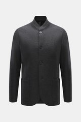 Harris Wharf London Smart-casual jacket 'Nehru Jacket' anthracite melange shown front view, slim fit with blouson collar, four buttons, raw-edged finish, patch hip pockets, unconstructed design, pure virgin wool. <p>The stylish unconstructed smart-casual 