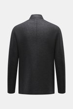 Back view of Harris Wharf London Smart-casual jacket 'Nehru Jacket' anthracite melange in fine pressed virgin wool with raw-edged finish, slim fit, fitted four-button style, blouson collar, patch hip pockets, unconstructed design, photographed against whi