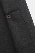 Close-up front view of Harris Wharf London Smart-casual jacket 'Nehru Jacket' anthracite melange pocket with button detail, pure virgin wool, soft feel, slim fit, raw-edged finish, fitted four-button style, blouson collar, patch hip pockets, unconstructed