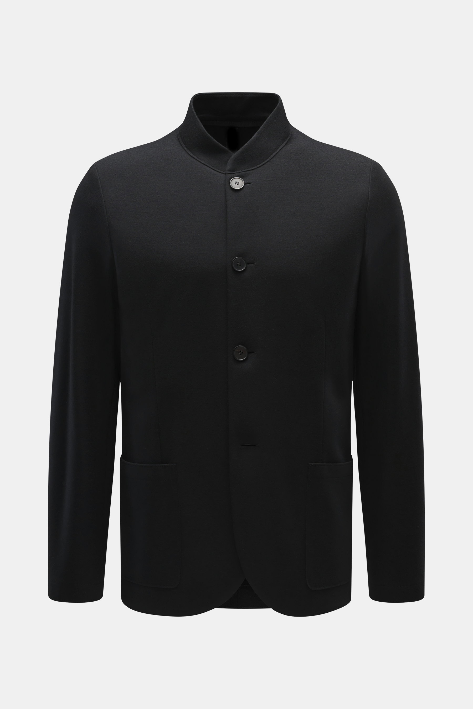 Harris Wharf London Jersey-Sakko schwarz, Slim Fit, tailliert, Stehkragen, Jersey aus reiner Schurwolle, frontale Nahaufnahme, aufgesetzte Hüfttaschen.