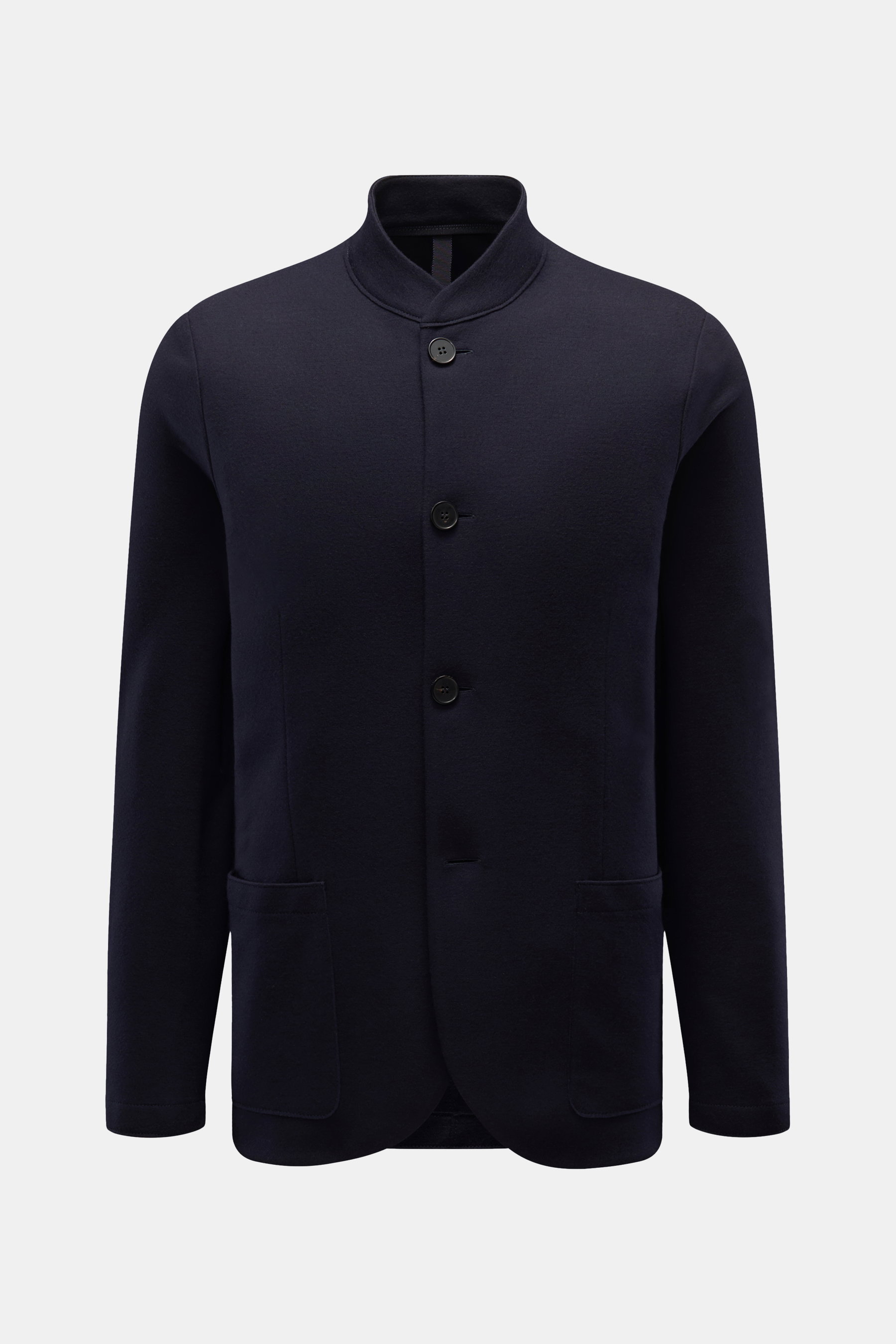 Front view of Harris Wharf London Jersey jacket navy in slim fit, standing collar, four-button style, patch hip pockets, unlined, made of lightweight pure virgin wool.

<p>The elegant look of a smart-casual jacket meets the comfort of a sweat jacket – HAR