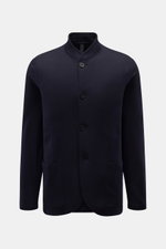 Front view of Harris Wharf London Jersey jacket navy in slim fit, standing collar, four-button style, patch hip pockets, unlined, made of lightweight pure virgin wool.

<p>The elegant look of a smart-casual jacket meets the comfort of a sweat jacket – HAR