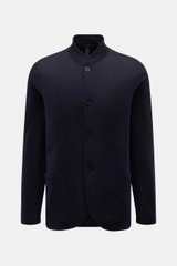 Front view of Harris Wharf London Jersey jacket navy in slim fit, standing collar, four-button style, patch hip pockets, unlined, made of lightweight pure virgin wool.

<p>The elegant look of a smart-casual jacket meets the comfort of a sweat jacket – HAR