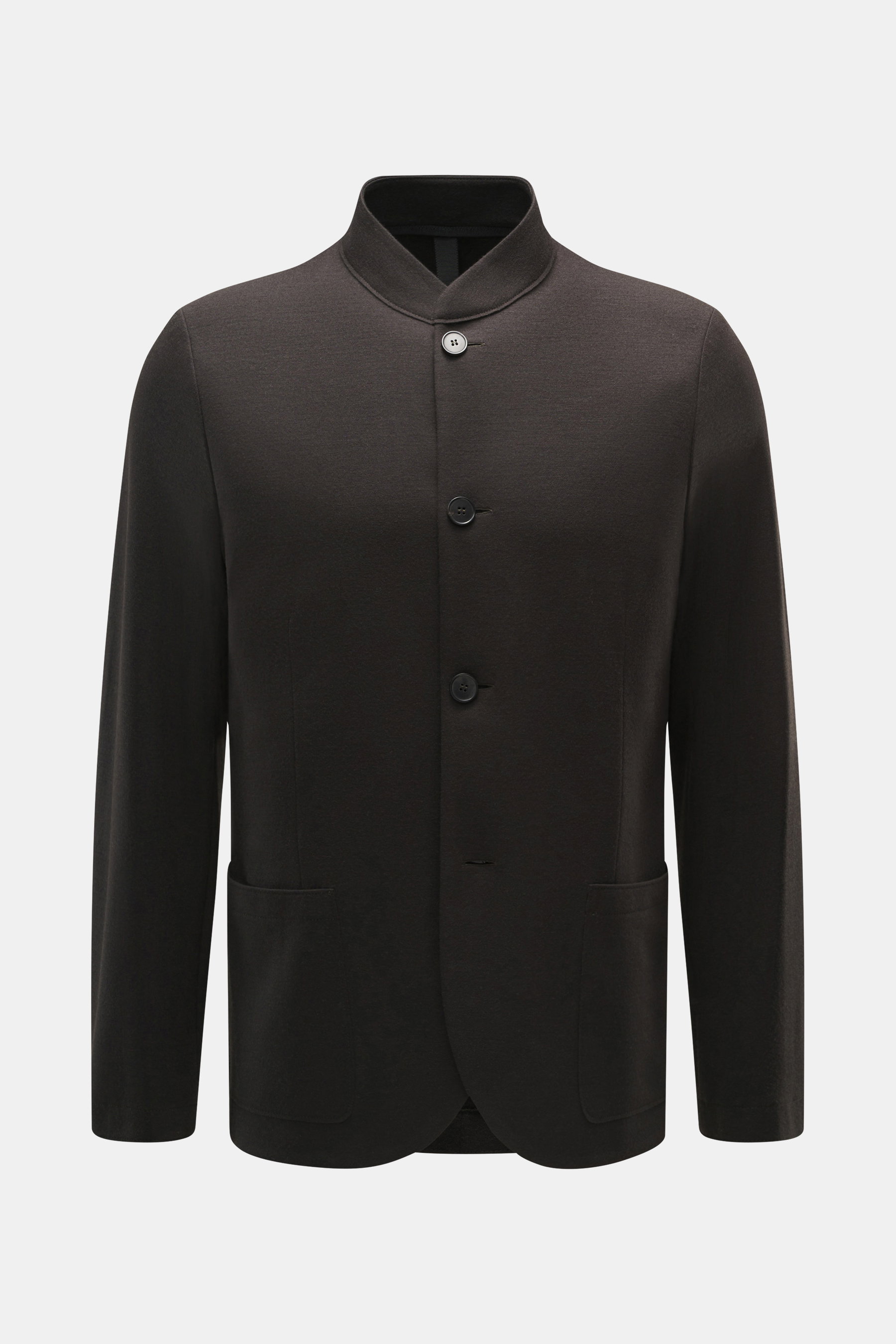 Harris Wharf London Jersey-Sakko dunkelbraun, Frontansicht, Slim Fit, Stehkragen, tailliert, Jersey aus reiner Schurwolle, vier Knöpfe, zwei Hüfttaschen, ungefüttert.