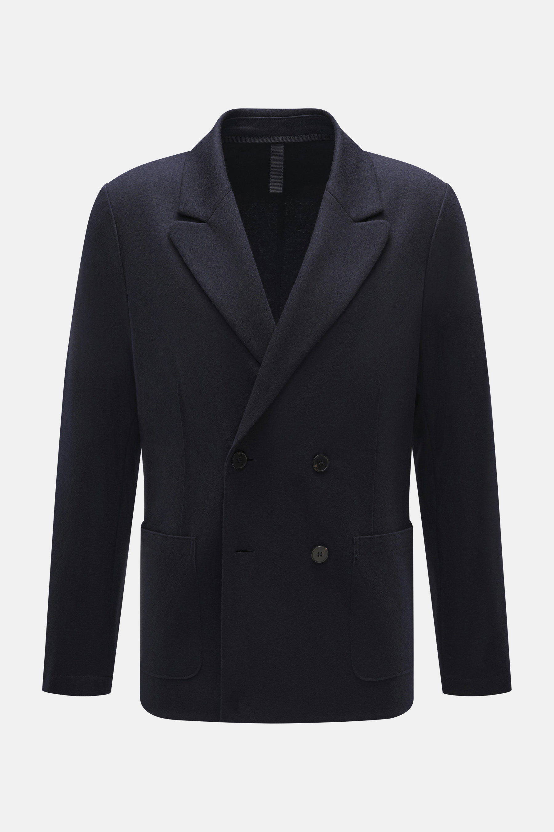 Harris Wharf London Jersey-Blazer navy, frontal fotografiert, zweireihig mit zwei Knöpfen, weicher Schurwoll-Jersey, Slim Fit, steigendes Revers, aufgesetzte Taschen, Unconstructed Design.