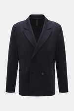 Front view of Harris Wharf London Jersey blazer navy, a stylish, classic double-breasted two-button blazer in virgin wool jersey with soft touch, slim fit, notched lapel, patch hip pockets, unconstructed design, and two inner pockets.