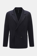 Front view of Harris Wharf London Jersey blazer navy, a stylish, classic double-breasted two-button blazer in virgin wool jersey with soft touch, slim fit, notched lapel, patch hip pockets, unconstructed design, and two inner pockets.