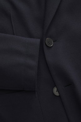 Close-up front view of Harris Wharf London Jersey blazer navy, showcasing the double-breasted two-button style, notched lapel, patch hip pockets, and soft virgin wool jersey fabric in slim fit, unconstructed design with two inner pockets.