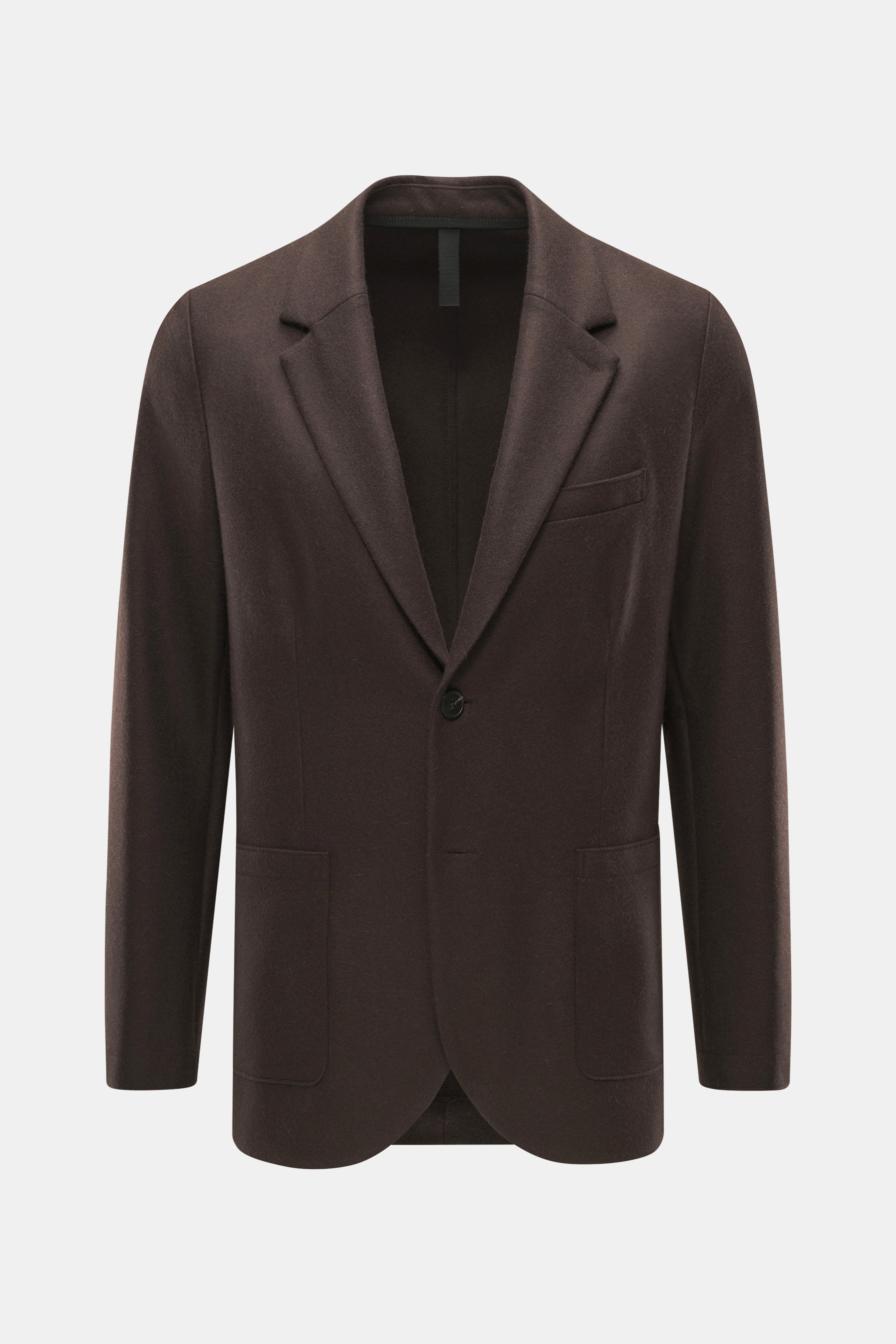 Front view of Harris Wharf London Cashmere Blazer Dark Brown in slim fit, tailored two-button style with notched lapel and patch pockets.

<p>A straightforward cut and soft Loro Piana cashmere are the components with which HARRIS WHARF LONDON creates the 