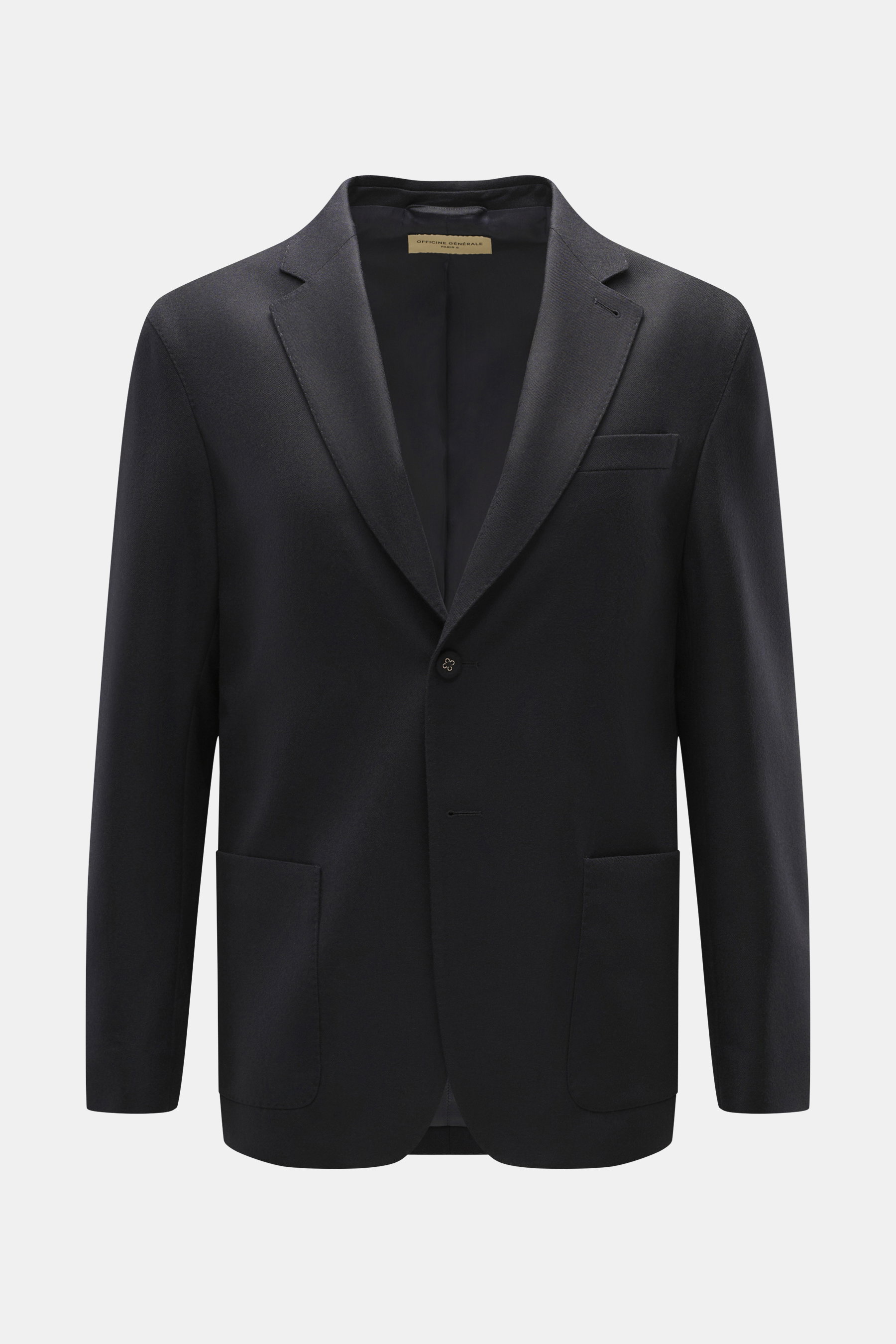 Officine Générale Sakko 'Michel' navy, Frontansicht, Slim Fit aus weichem Twill-Schurwolle mit fallendem Revers, Zwei-Knopf-Stil, Taschen.