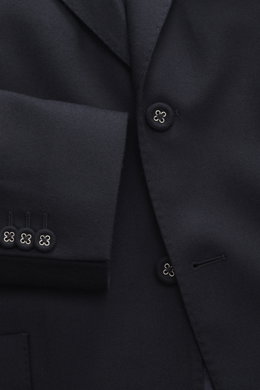 Officine Générale Sakko 'Michel' navy, Detailaufnahme von Twill-Wolle, schmaler Schnitt, fallendes Revers, Kissing Buttons aus Cord, Slim Fit, Zwei-Knopf-Stil.