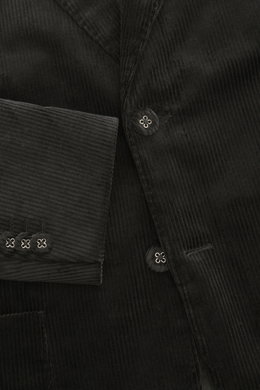 Officine Générale Cordsakko 'Michel' schwarz in Nahaufnahme von vorne, moderner schwarzer Baumwoll-Cord, Slim Fit, Knöpfe und Revers sichtbar.