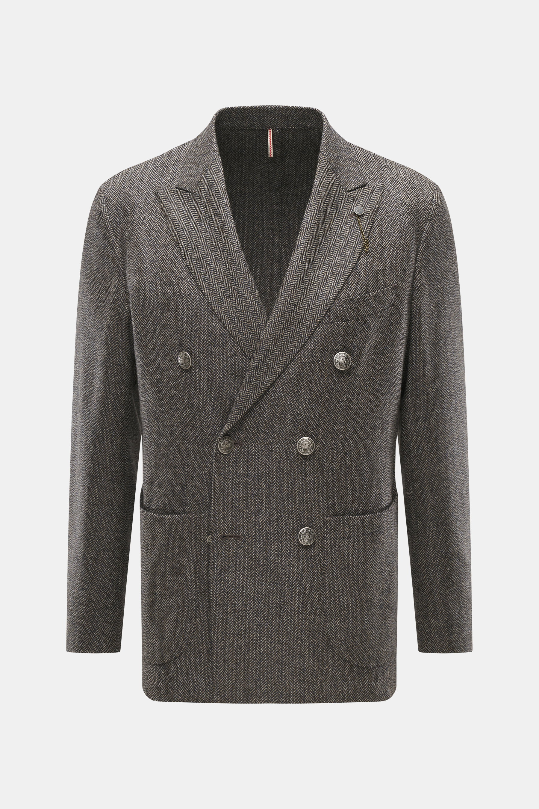 Santaniello Sakko dunkelbraun/taupe gemustert, zweireihig mit Wappenknöpfen, Fischgratmuster, Slim Fit, von vorne fotografiert, aus Woll-Cashmere-Mix.