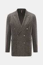 Santaniello Sakko dunkelbraun/taupe gemustert, zweireihig mit Wappenknöpfen, Fischgratmuster, Slim Fit, von vorne fotografiert, aus Woll-Cashmere-Mix.
