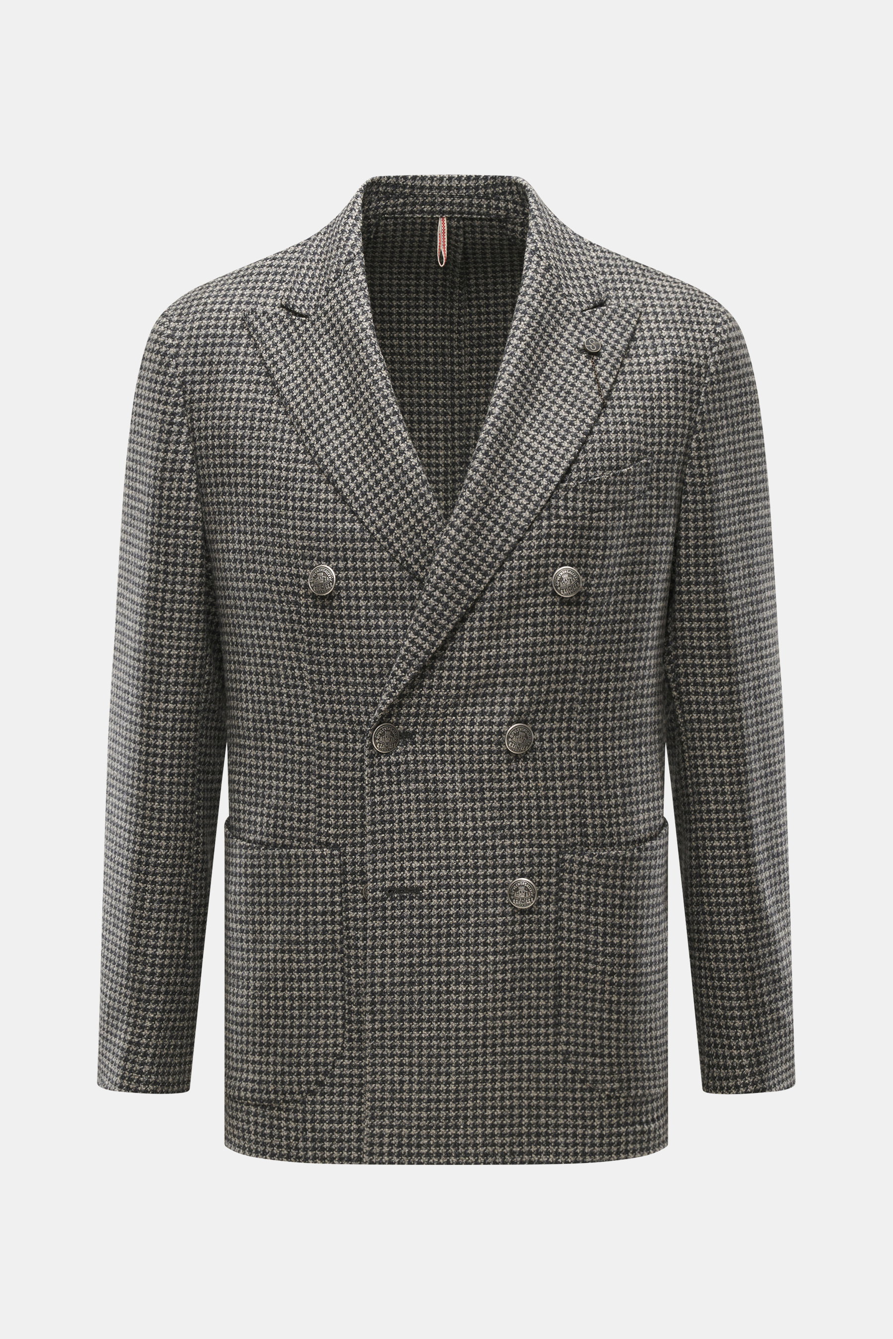 Santaniello Beige/anthracite patterned blazer shown from the front, double-breasted with crest buttons, houndstooth pattern, slim fit, peak lapel, breast and patch hip pockets, soft wool-cashmere blend.