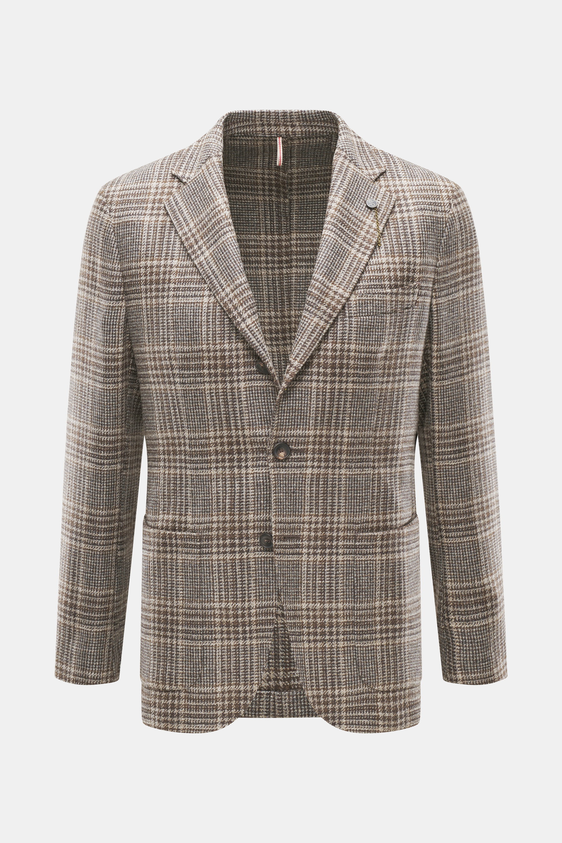 Front view of Santaniello Beige/Brown Checked Blazer in wool with cashmere, Glencheck pattern, slim fit, three-button style, notched lapel, breast and patch hip pockets, kissing buttons, rear vents, unconstructed design, and two inner pockets. Always well