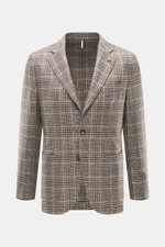 Front view of Santaniello Beige/Brown Checked Blazer in wool with cashmere, Glencheck pattern, slim fit, three-button style, notched lapel, breast and patch hip pockets, kissing buttons, rear vents, unconstructed design, and two inner pockets. Always well