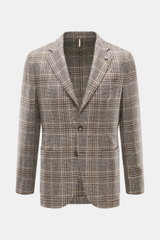 Front view of Santaniello Beige/Brown Checked Blazer in wool with cashmere, Glencheck pattern, slim fit, three-button style, notched lapel, breast and patch hip pockets, kissing buttons, rear vents, unconstructed design, and two inner pockets. Always well