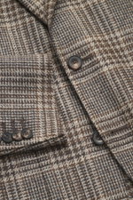 Santaniello Beige/Brown Checked Blazer close-up from above showing wool cashmere fabric with Glencheck pattern, buttons, and patch pocket.
