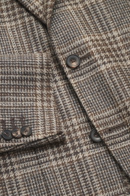 Santaniello Beige/Brown Checked Blazer close-up from above showing wool cashmere fabric with Glencheck pattern, buttons, and patch pocket.