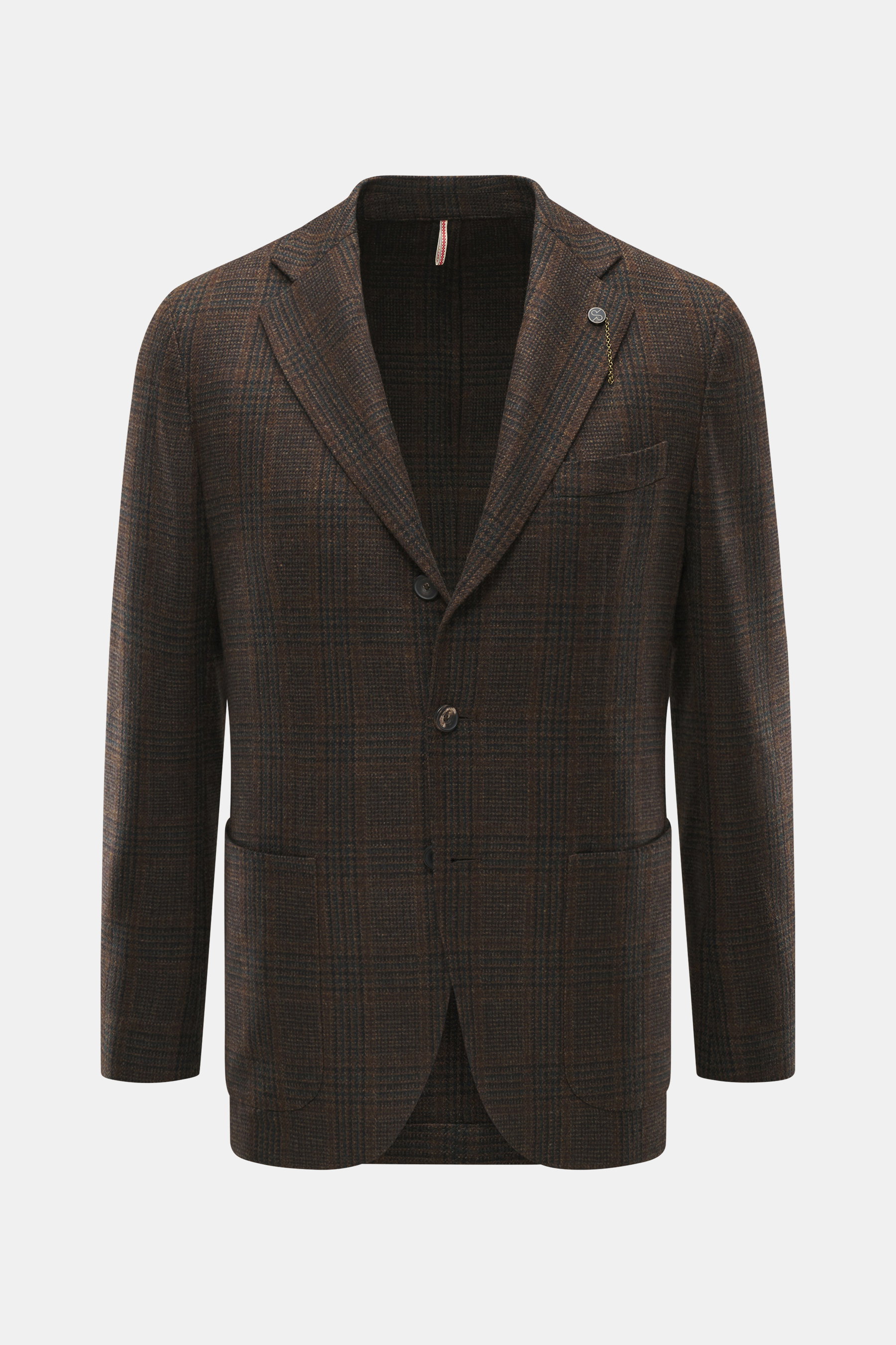 Front view of Santaniello Blazer dark brown/dark green checkered made of pure wool with a subtle check woven pattern, slim fit, three-button style, notched lapel, breast and patch hip pockets, kissing buttons, rear side vents, unconstructed design, and tw